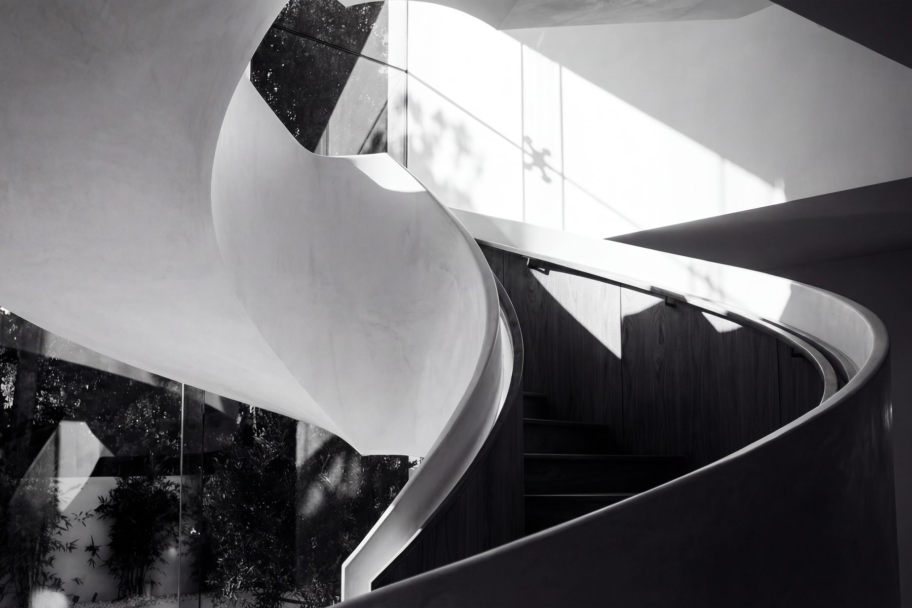 Villa Anahid, Atherton — spiral stair against the glazed garden court