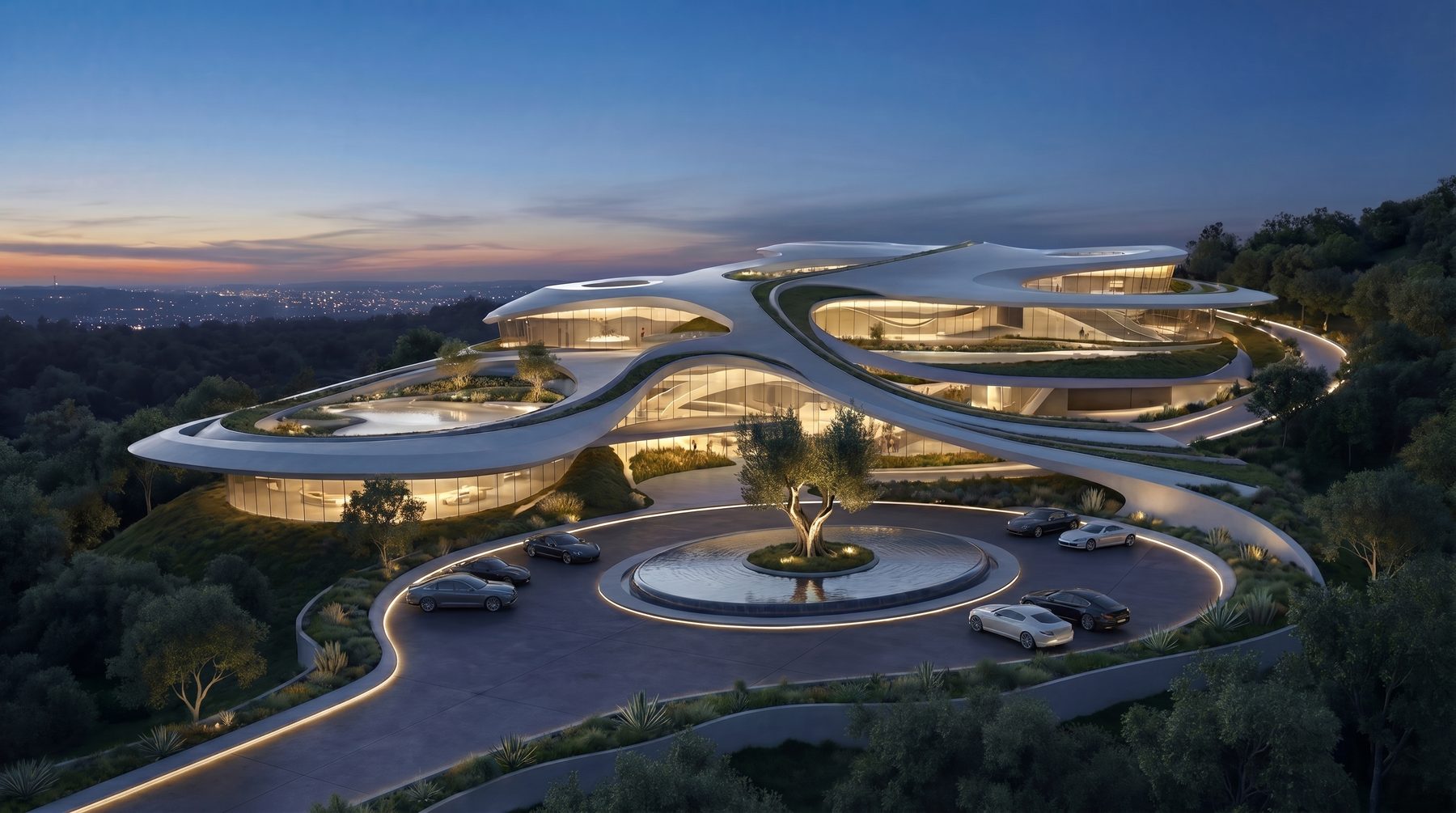 Bel Air estate vision — aerial arrival: curved motor court at dusk, olive tree and reflecting pool at center