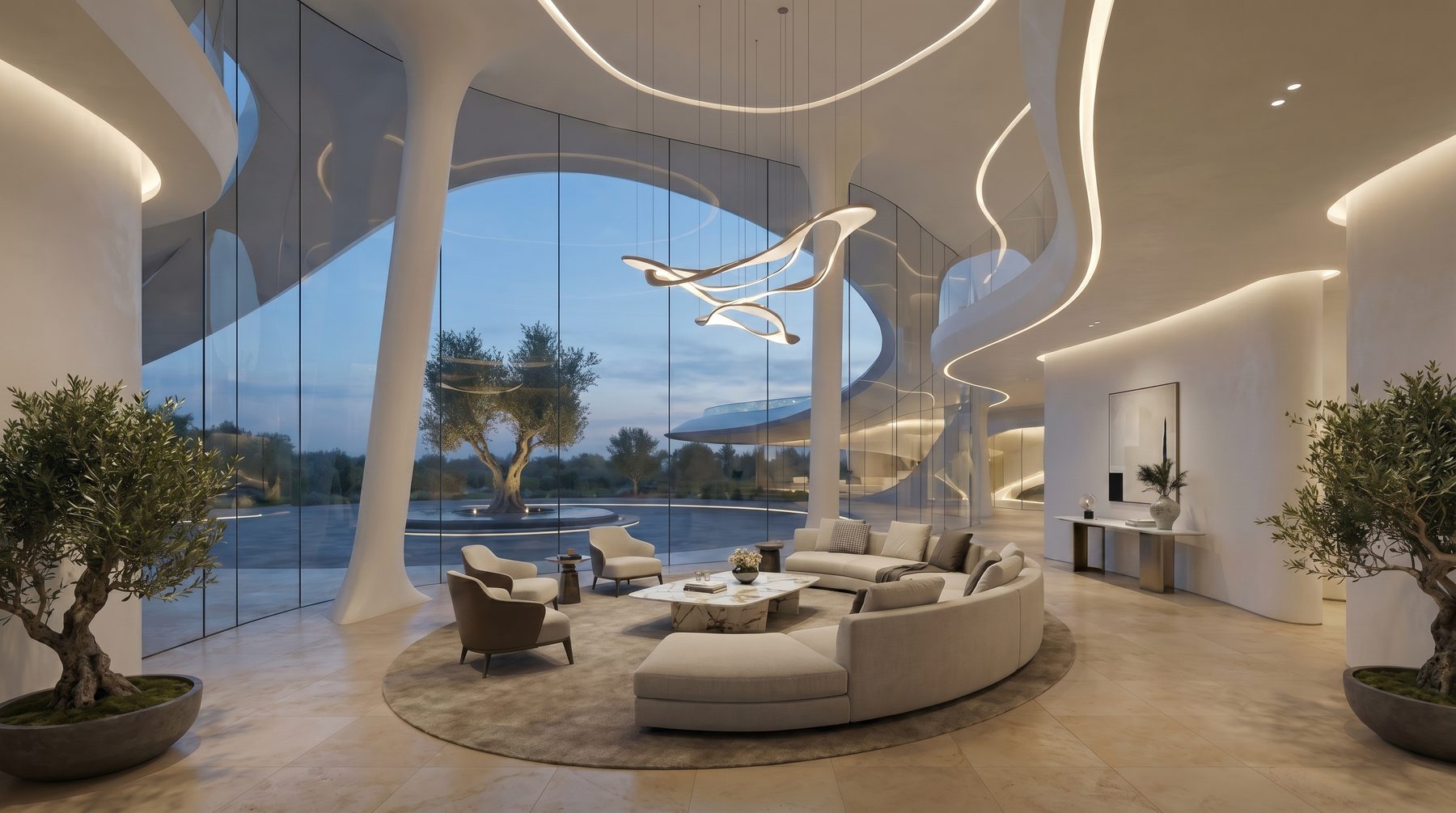 Bel Air estate vision — great room opening to the arrival court through curved glass