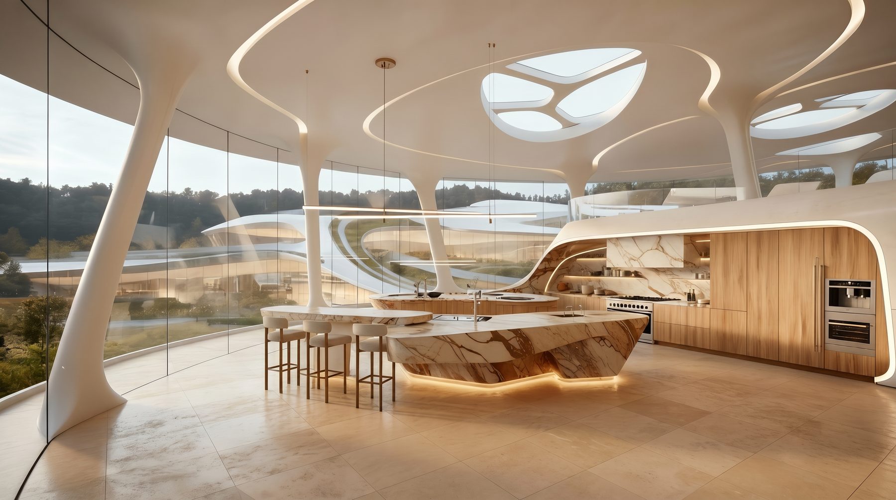 Bel Air estate vision — kitchen with sculpted stone islands under organic skylights