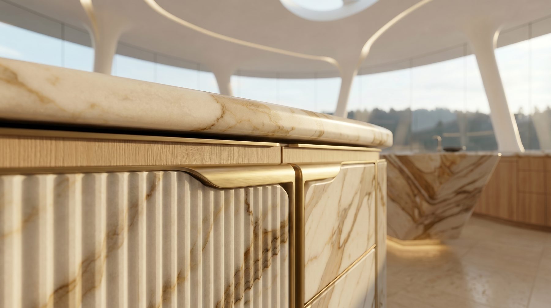 Bel Air estate vision — kitchen in fluted stone and brass