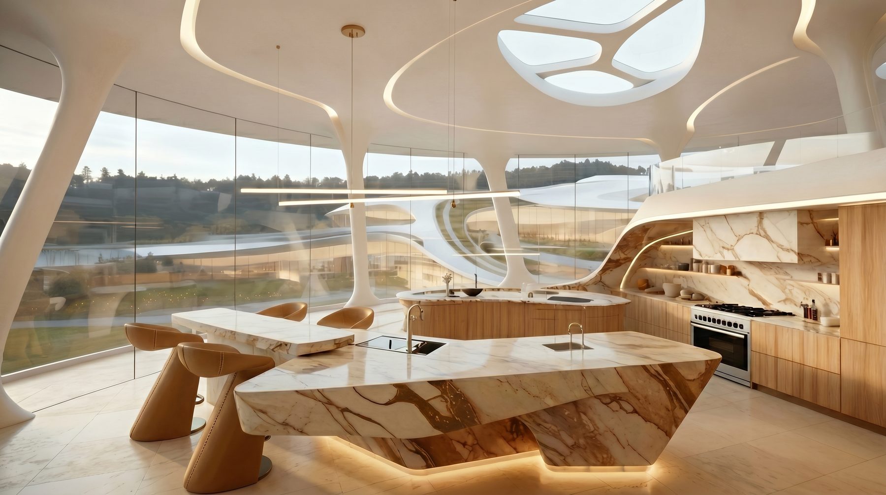 Bel Air estate vision — kitchen and stone dining table toward the landscape