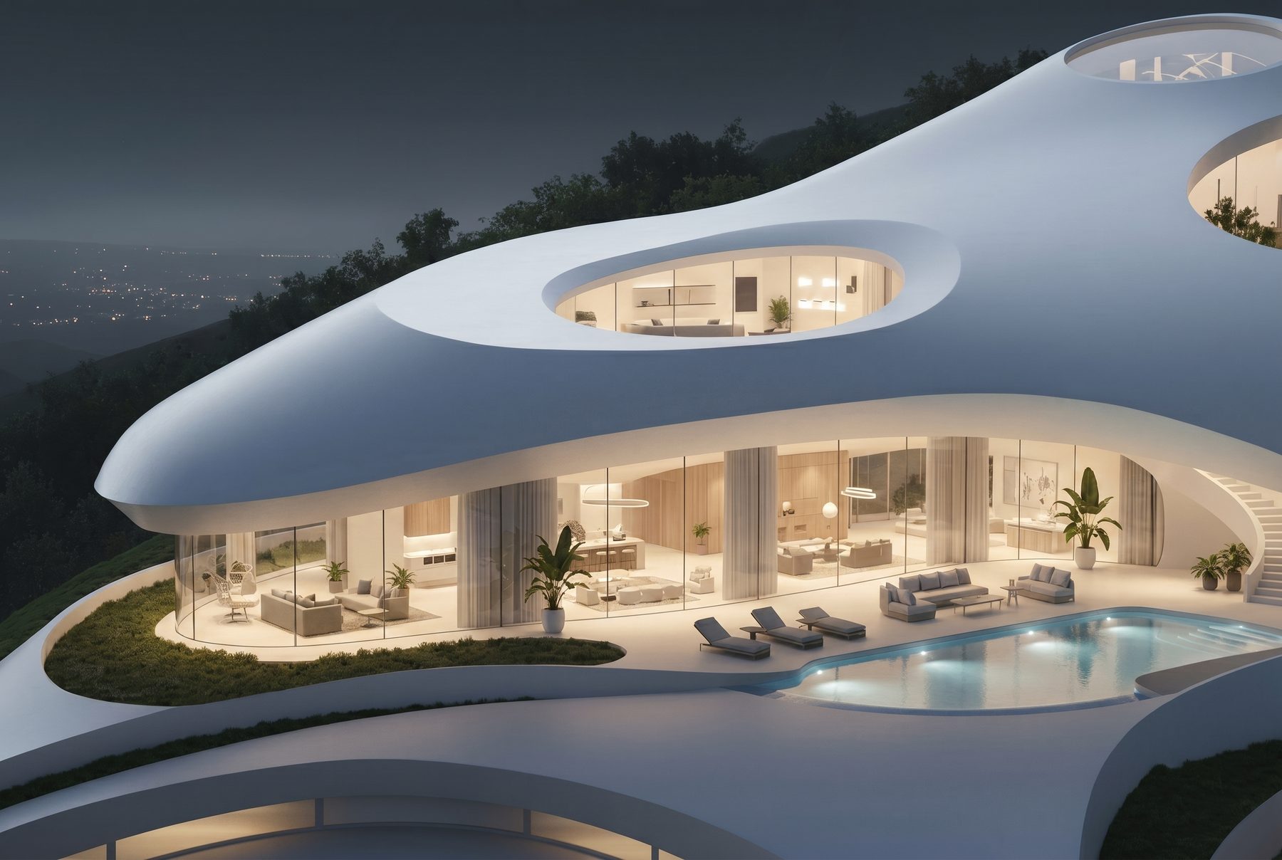 Bel Air estate vision — the primary pavilion and pool terrace seen from above at night