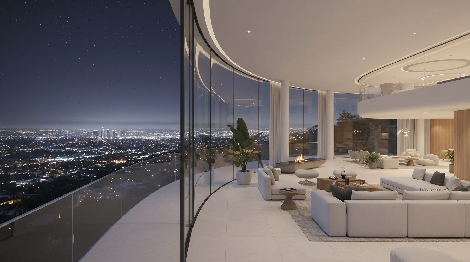 Bel Air estate vision — inside the primary pavilion: curved glass over the city lights