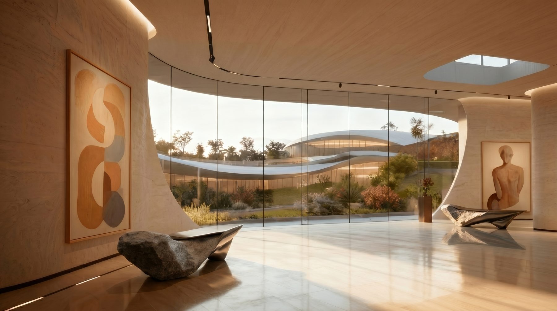 Bel Air estate vision — entry gallery with curated art and hillside light