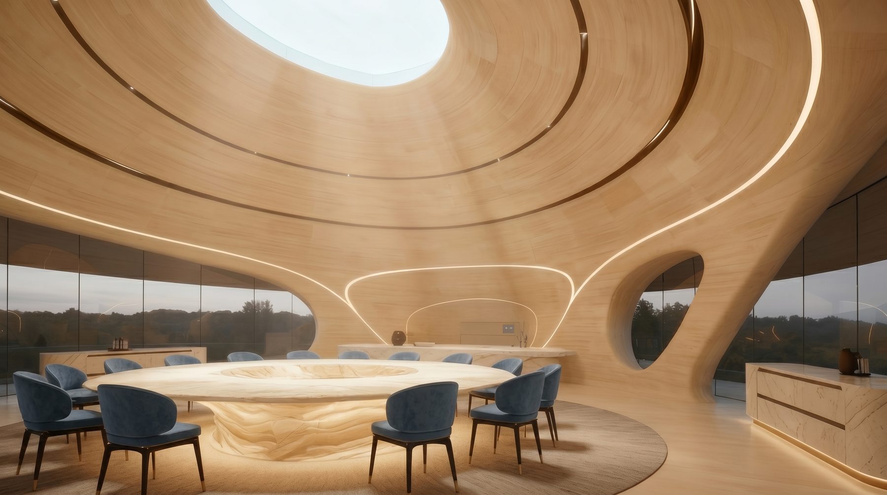 Bel Air estate vision — dining room toward the glass perimeter
