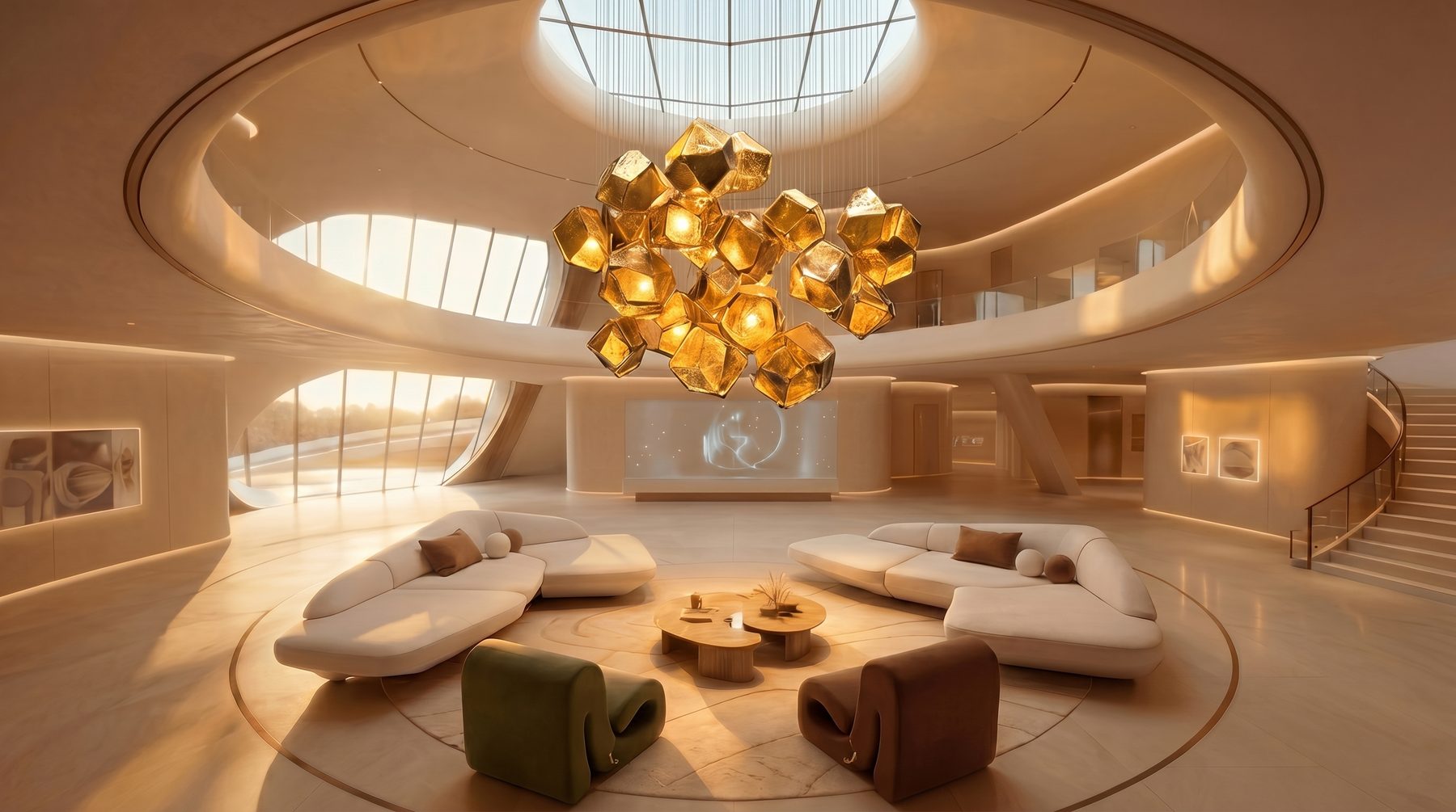 Bel Air estate vision — salon with suspended gold chandelier