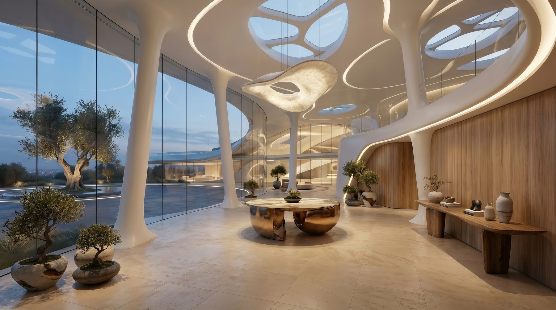 Bel Air estate vision — double-height lounge beneath sculpted columns