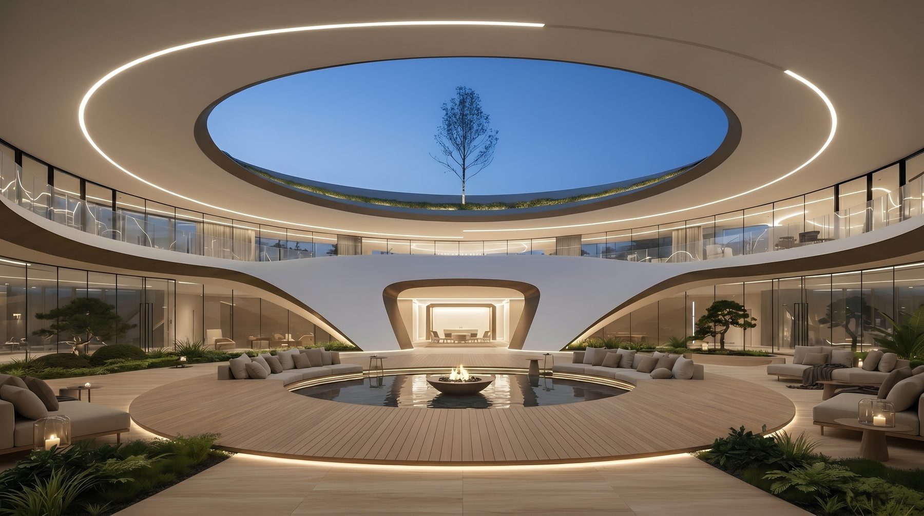 Bel Air estate vision — courtyard pool beneath the open oculus