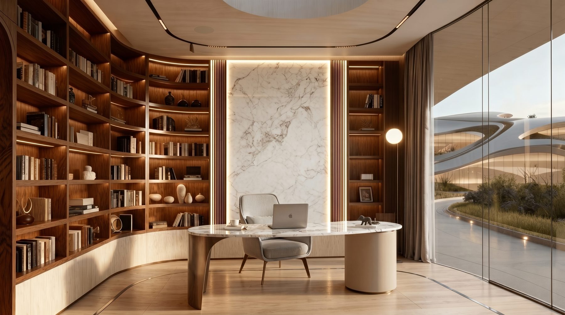 Bel Air estate vision — private study with full-height shelving