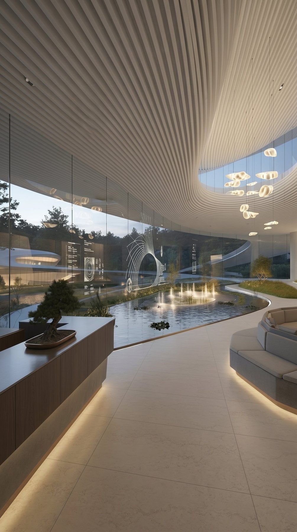 Bel Air estate vision — glass entry pavilion at dusk, vertical view