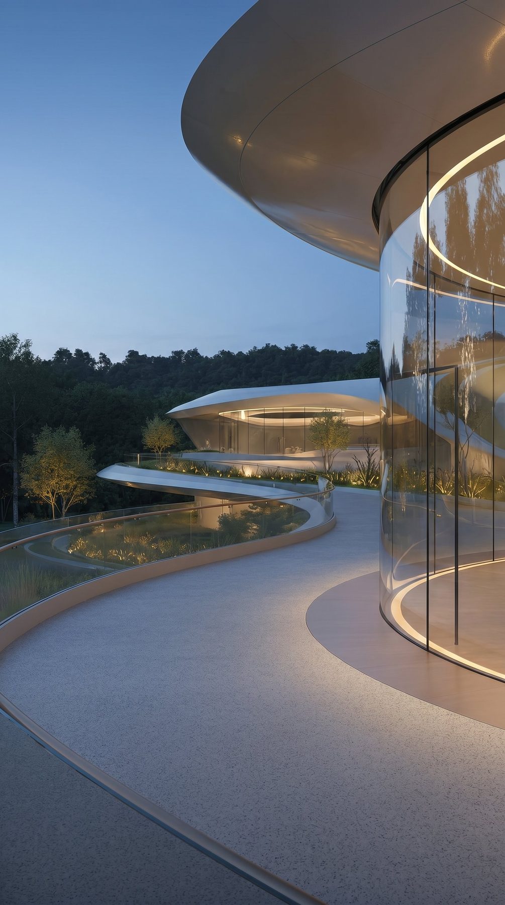 Bel Air estate vision — curved terrace walkway toward the pavilions, vertical view