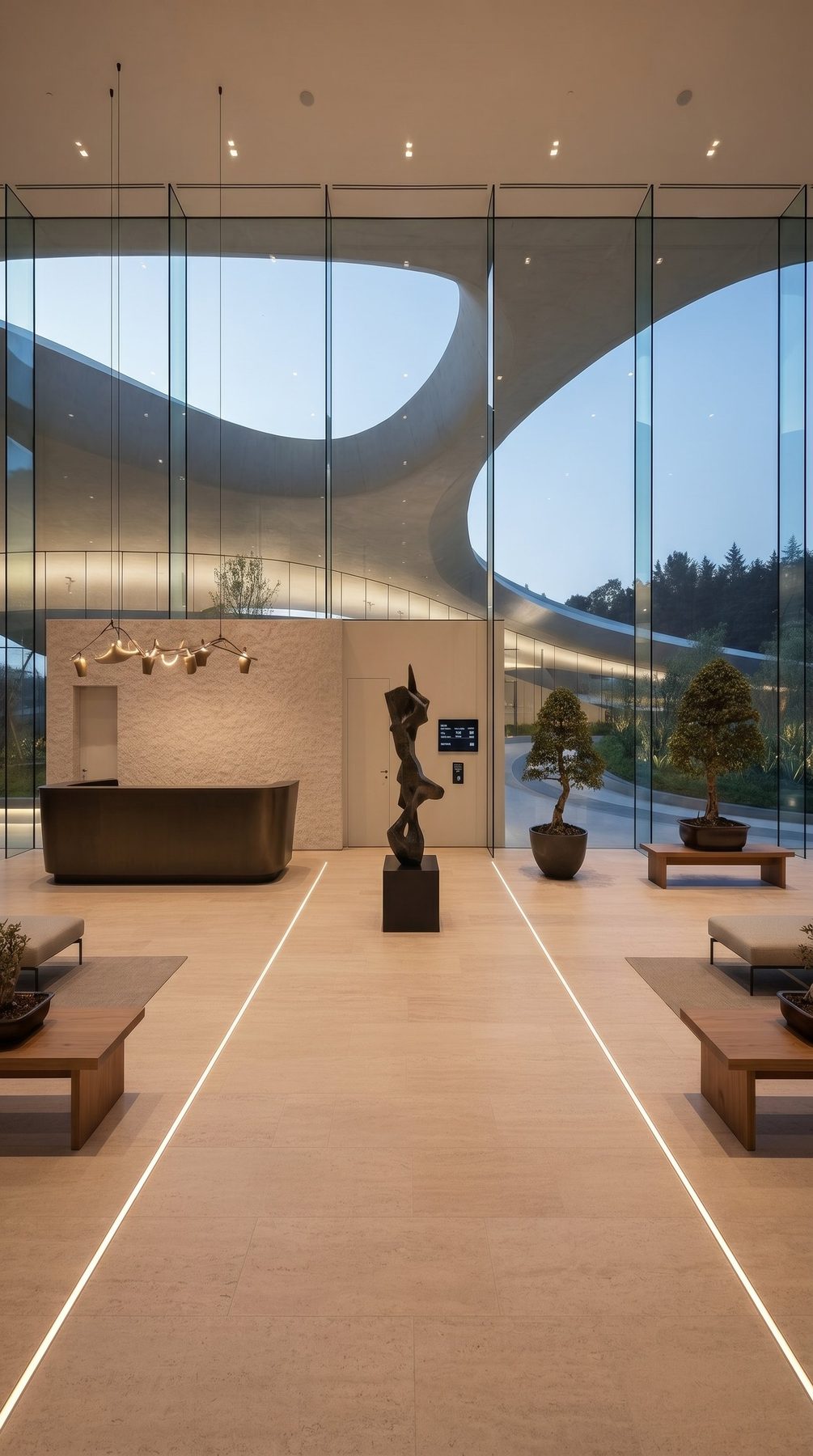 Bel Air estate vision — reception hall behind full-height glass, vertical view