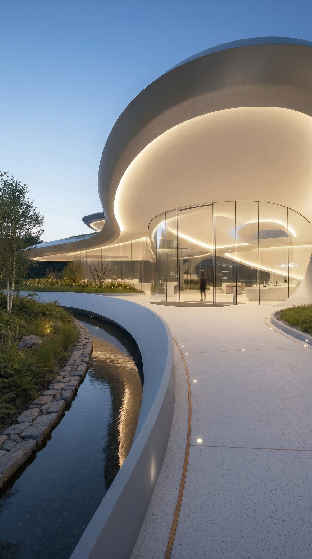 Bel Air estate vision — lounge beside the interior water garden, vertical view