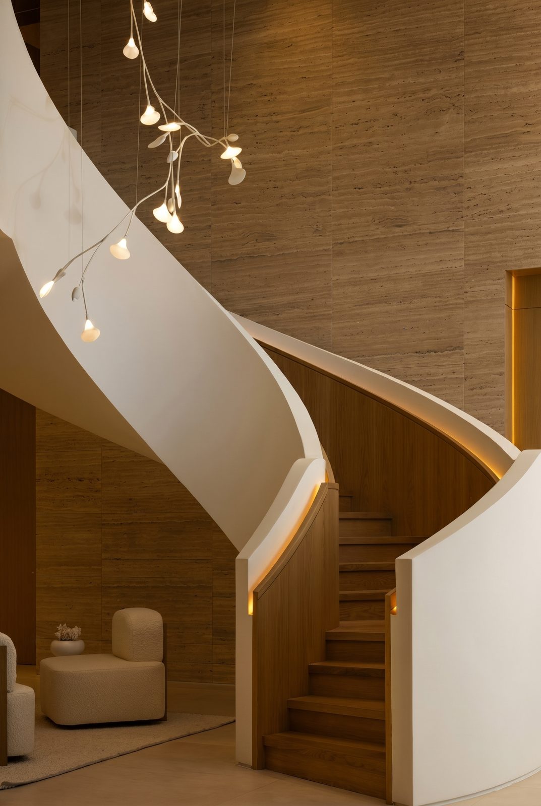 Oliveto Vale, Bel-Air residence by Beverly Hills One — sculptural white staircase