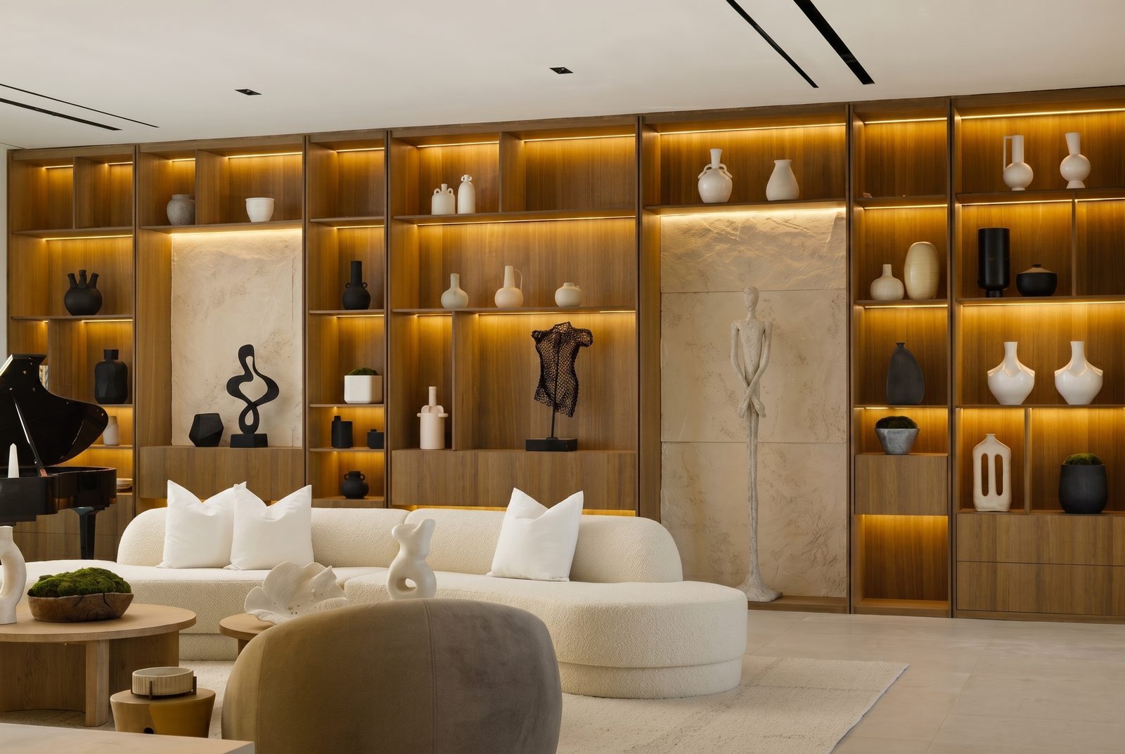 Oliveto Vale, Bel-Air residence by Beverly Hills One — illuminated gallery shelving and lounge