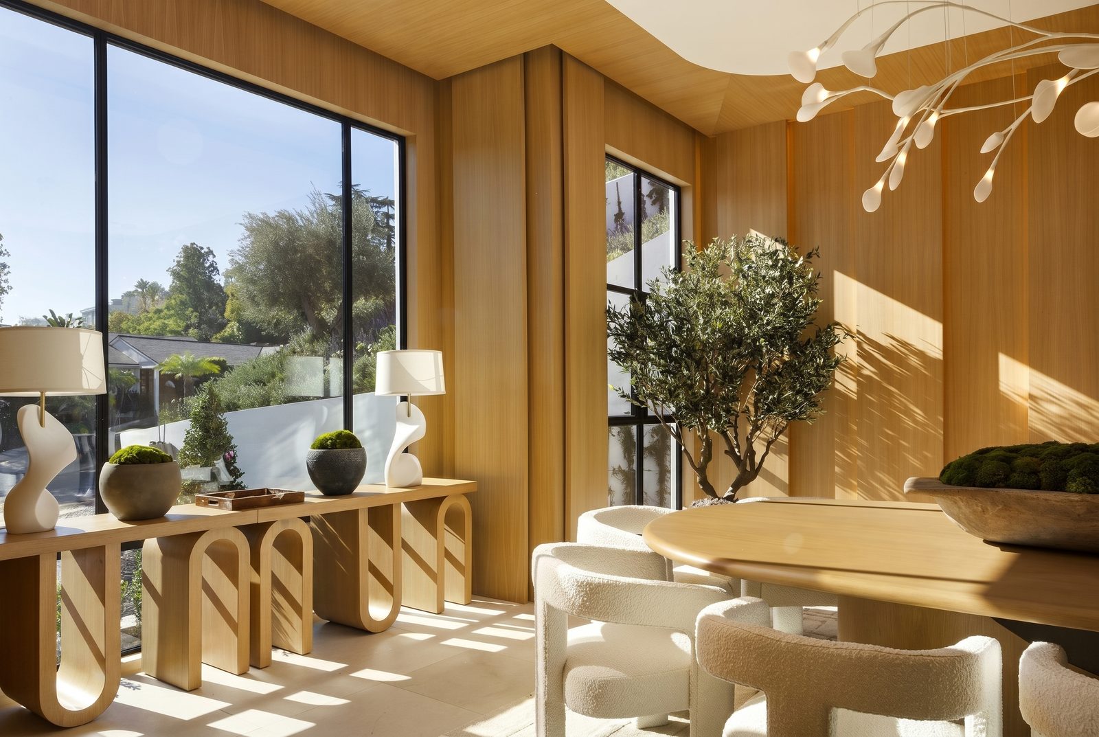 Oliveto Vale, Bel-Air residence by Beverly Hills One — living room framed by walls of glass