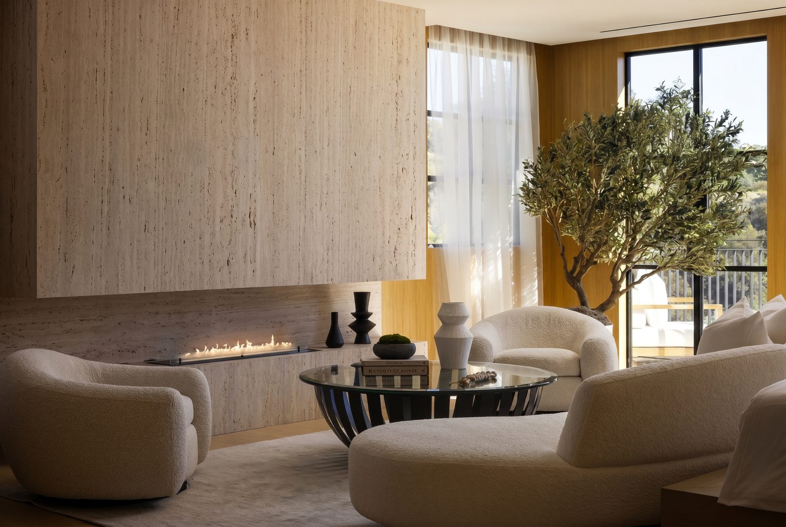 Oliveto Vale, Bel-Air residence by Beverly Hills One — living room with fireplace and olive tree