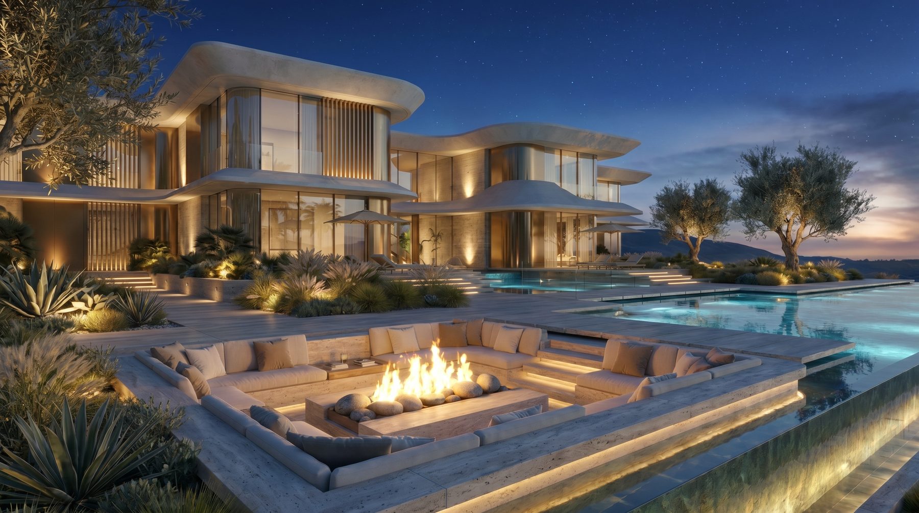 Villa Tosca — the fire lounge and pool beneath the night sky