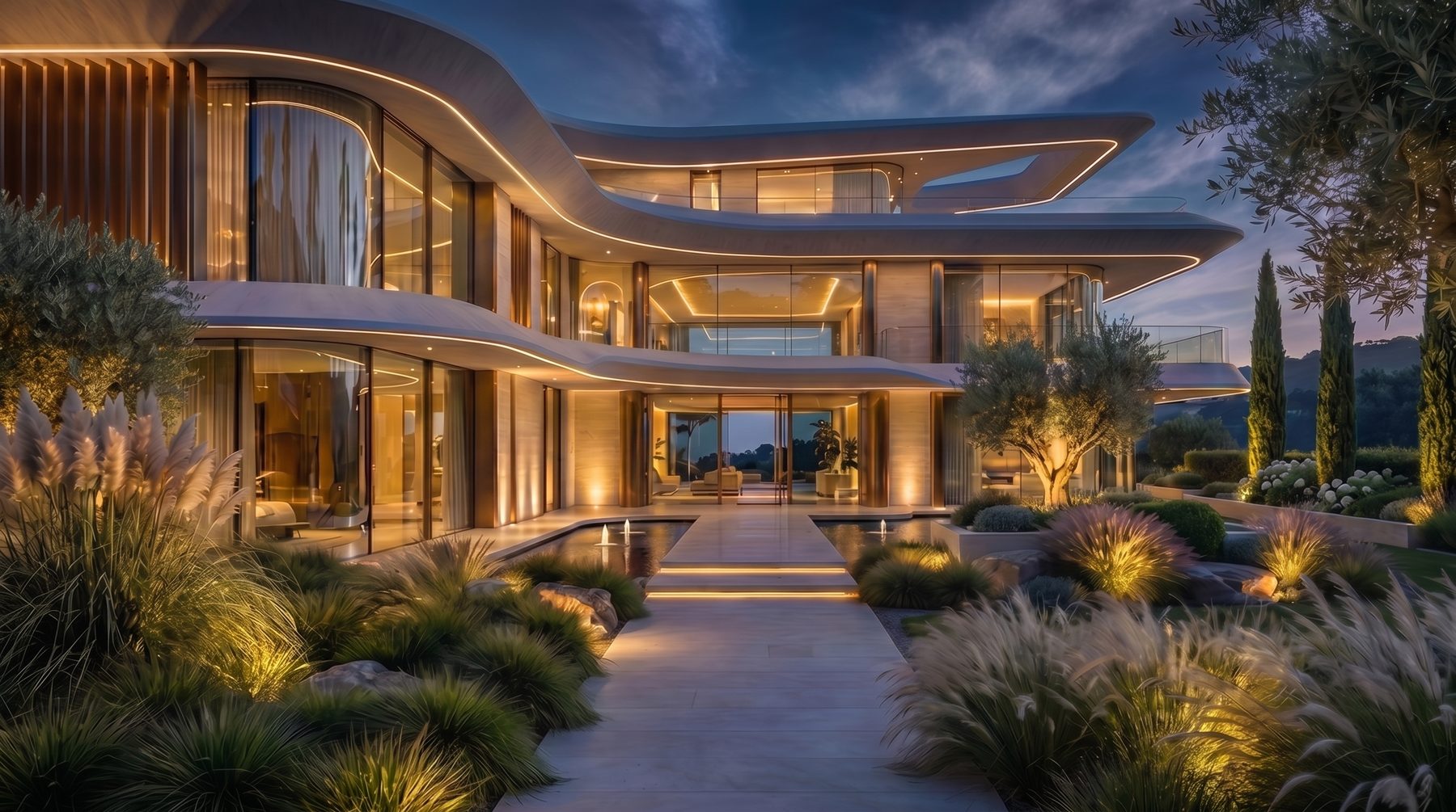 Villa Tosca — the entry approach at dusk, water and grasses lit