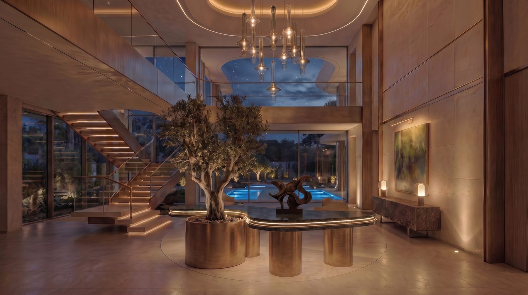 Villa Tosca — entry hall with floating stair and olive tree