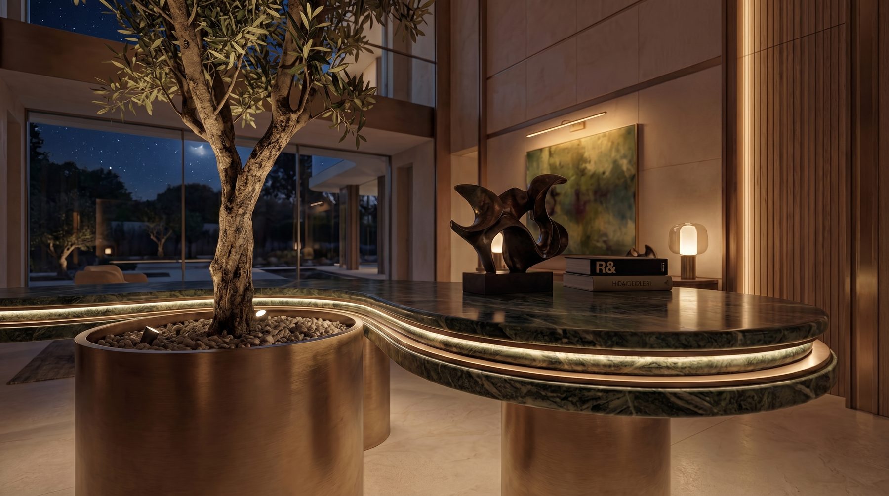 Villa Tosca — foyer with bronze sculpture and planted court