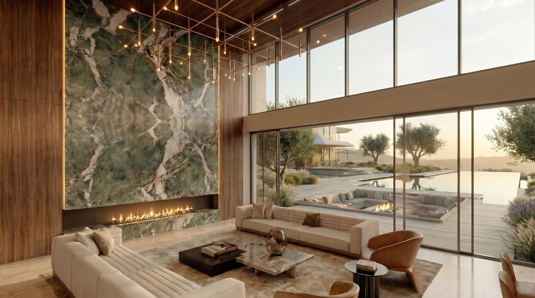 Villa Tosca — living room with green marble fireplace wall