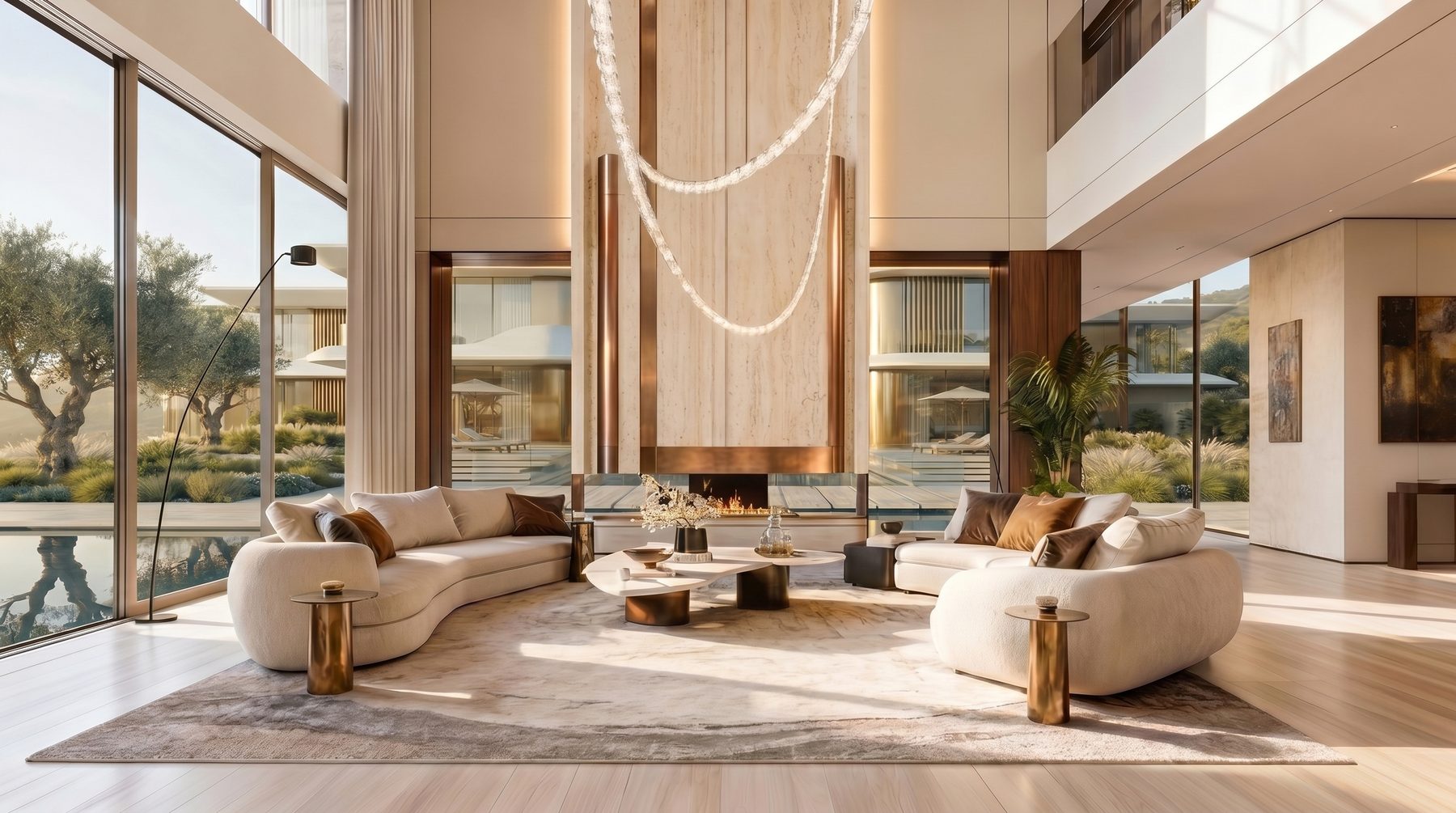 Villa Tosca — double-height great room with travertine hearth