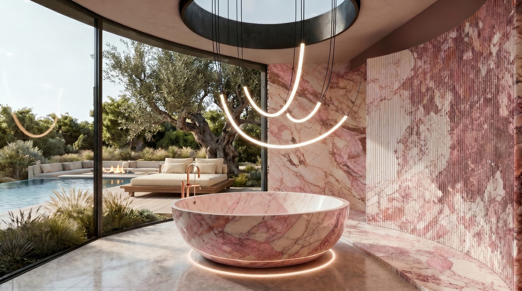 Villa Tosca — rose marble bath with garden view
