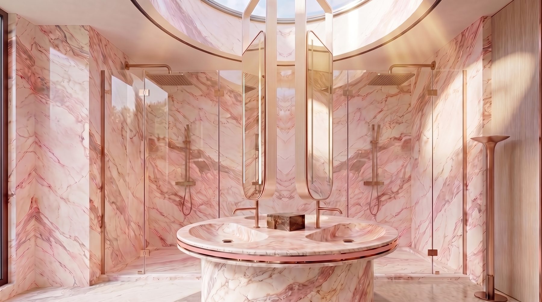 Villa Tosca — rose marble shower rotunda beneath the oculus