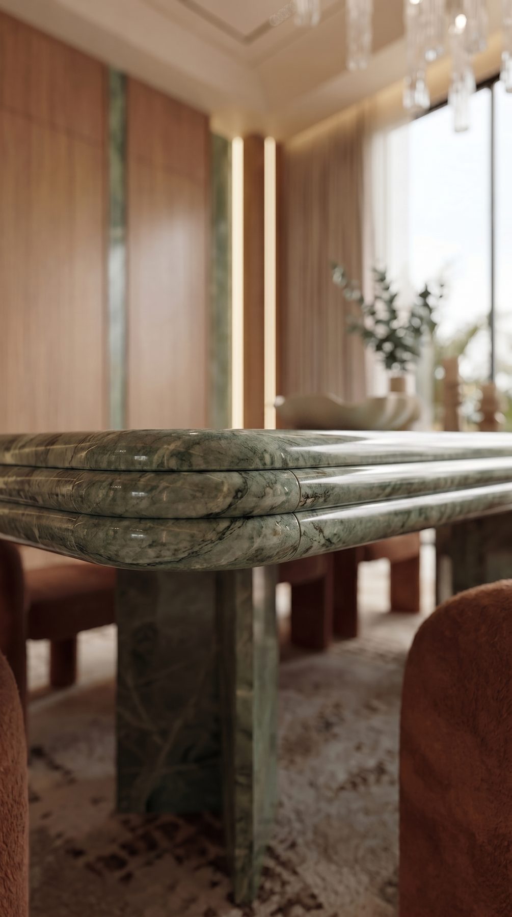 Villa Tosca — dining table detail in green marble, vertical view