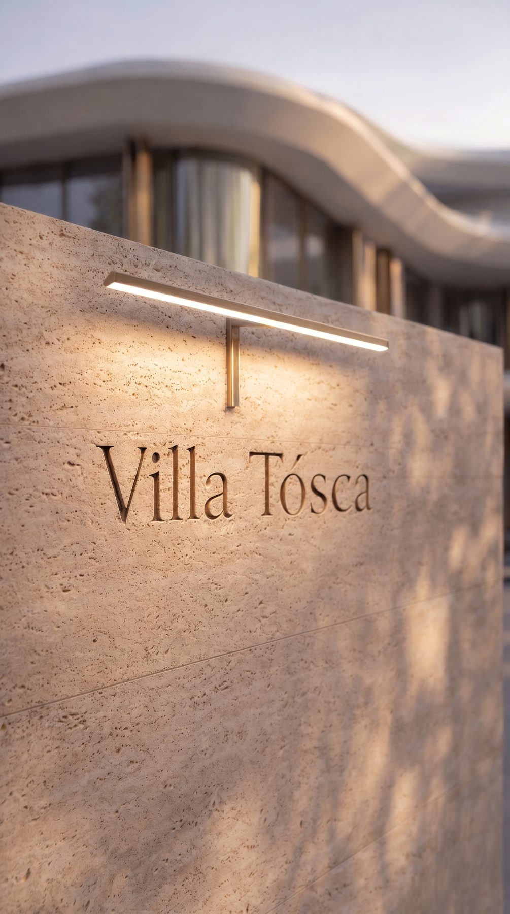 Villa Tosca — carved stone signage at the entry, vertical view