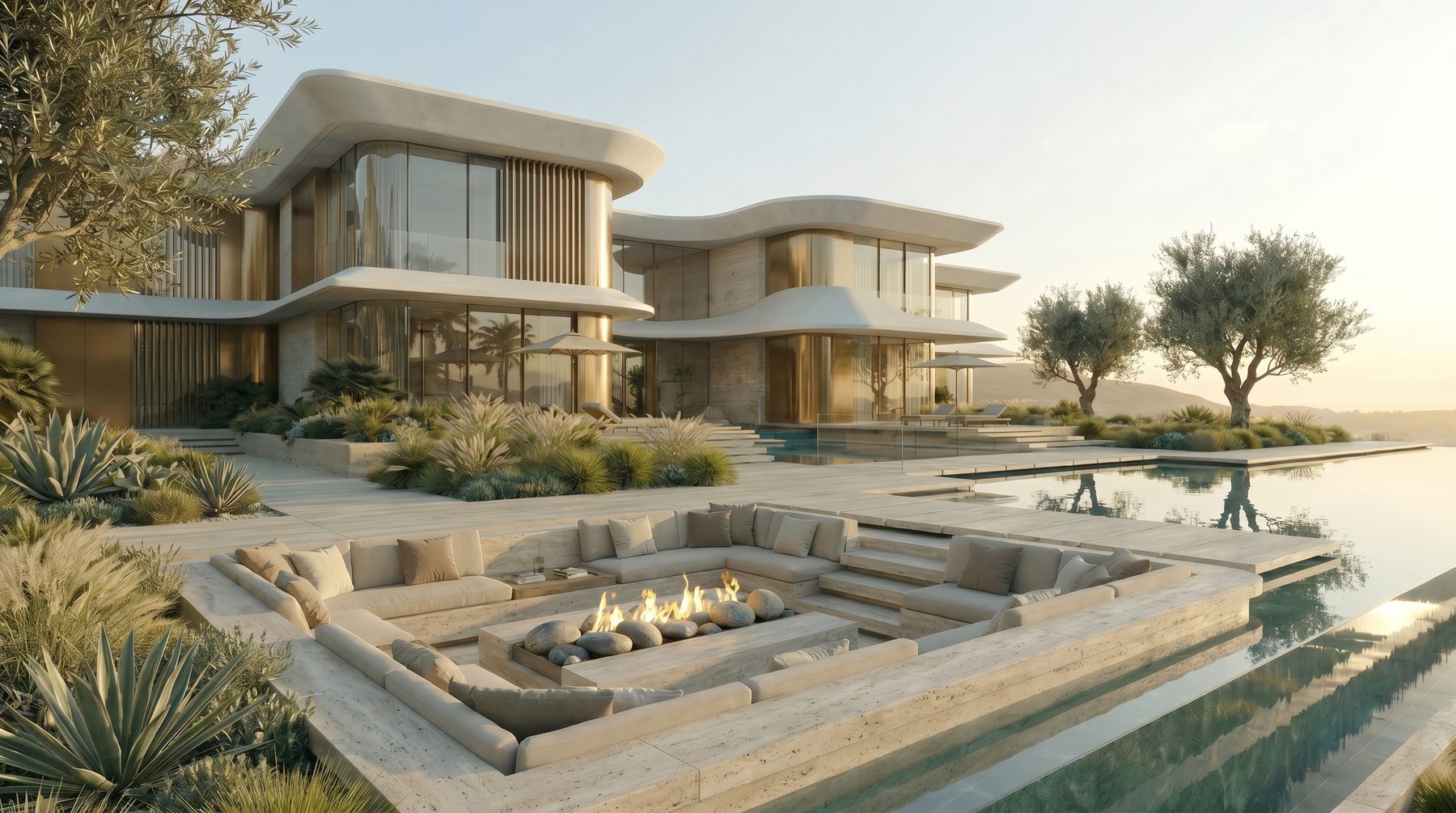 Villa Tosca — sunken fire lounge beside the pool at golden hour